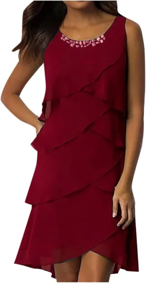 Women's Summer Sleeveless Mini Dress Boho Ruffle Tiered Layered Chiffon Flowy A Line Dresses Ruffle Tiered Casual Swing Dress