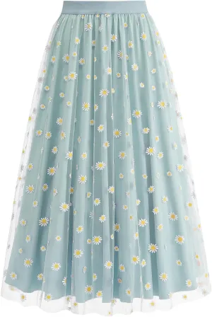 Women's Tulle A-Line Layered Mesh Midi Skirt Fashion Summer Boho Floral Maxi Skirts High Waisted Pleated Long Skirt