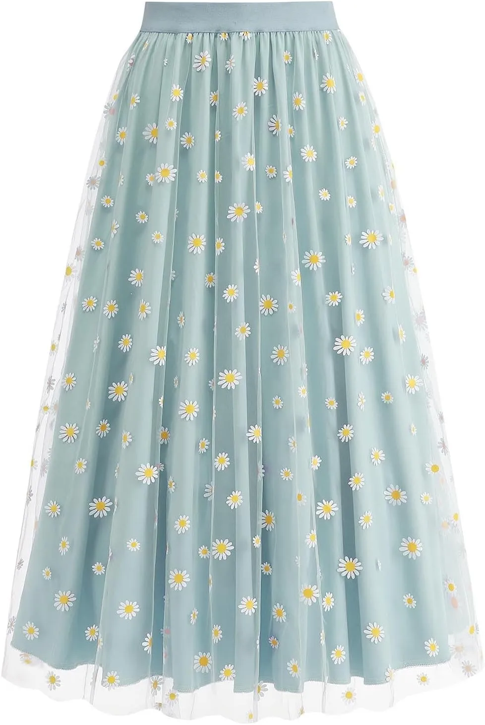 Women's Tulle A-Line Layered Mesh Midi Skirt Fashion Summer Boho Floral Maxi Skirts High Waisted Pleated Long Skirt