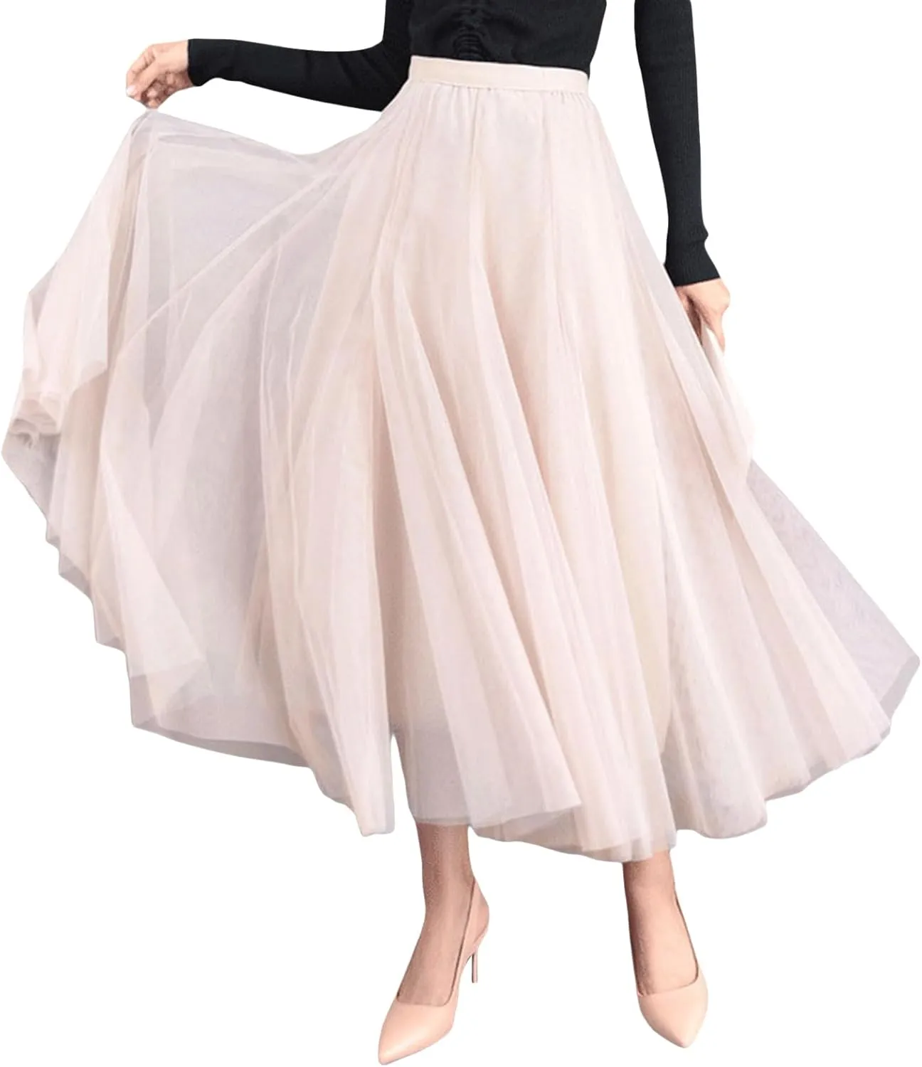 Womens Tulle Skirts Solid Color Midi Elastic High Waist Pleated Mesh Flowy A-Line Party Long Tutu Skirt Fall