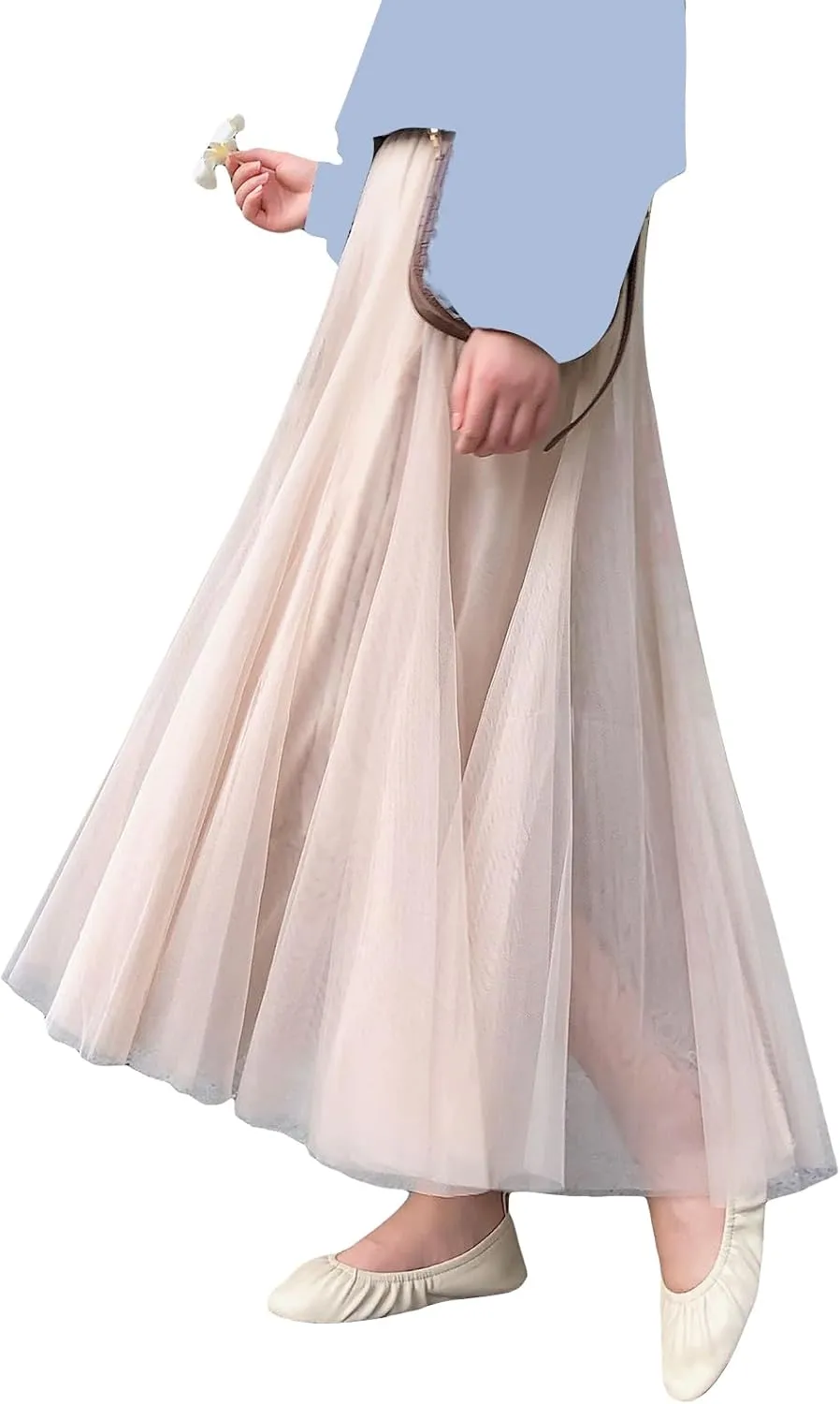 Womens Tulle Skirts Solid Color Midi Elastic High Waist Pleated Mesh Flowy A-Line Party Long Tutu Skirt Fall