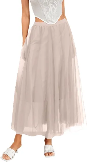 Womens Tulle Skirts Solid Color Midi Elastic High Waist Pleated Mesh Flowy A-Line Party Long Tutu Skirt Fall