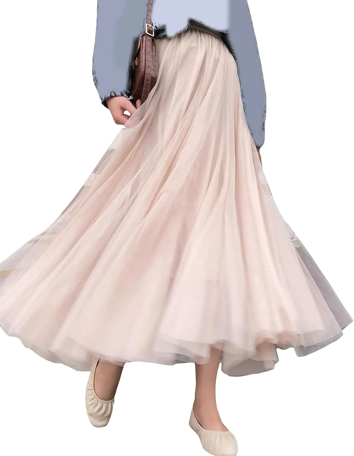 Womens Tulle Skirts Solid Color Midi Elastic High Waist Pleated Mesh Flowy A-Line Party Long Tutu Skirt Fall