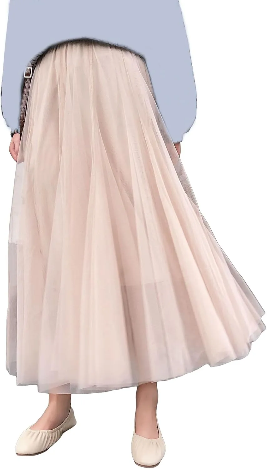 Womens Tulle Skirts Solid Color Midi Elastic High Waist Pleated Mesh Flowy A-Line Party Long Tutu Skirt Fall