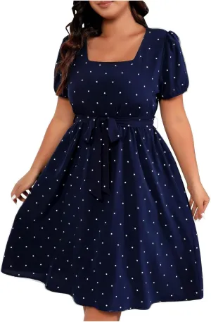 Women's Vintage Square Neck Cocktail Swing Dress 1950s Short Sleeve Plus Size Polka Dot Prom Midi Evening Dresses