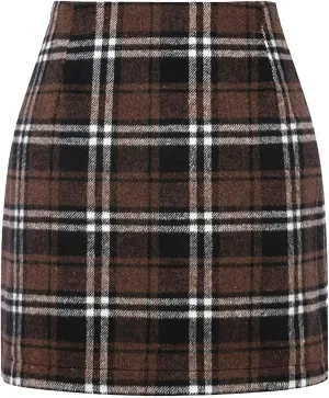 Womens Wool Plaid Mini Skirt Fall Winter High Waisted Bodycon Pencil Skirt Outfits for Women