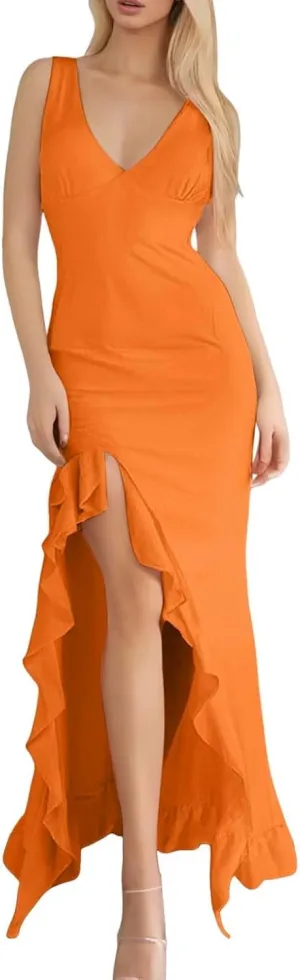 WYTong Women's Summer Bodycon Maxi Dress 2025 Spaghetti Strap Ruffle Mermaid Cocktail Wedding Guest Formal Long Dresses