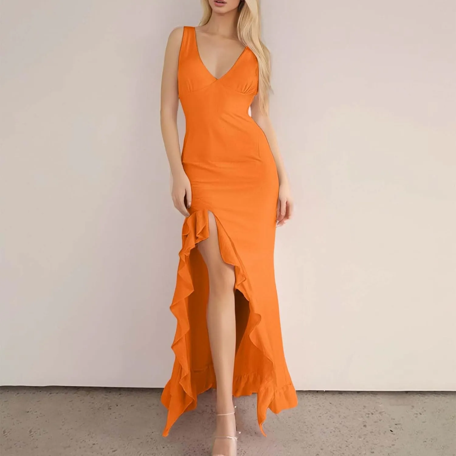 WYTong Women's Summer Bodycon Maxi Dress 2025 Spaghetti Strap Ruffle Mermaid Cocktail Wedding Guest Formal Long Dresses
