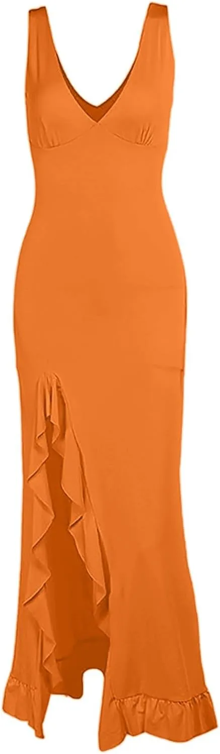 WYTong Women's Summer Bodycon Maxi Dress 2025 Spaghetti Strap Ruffle Mermaid Cocktail Wedding Guest Formal Long Dresses