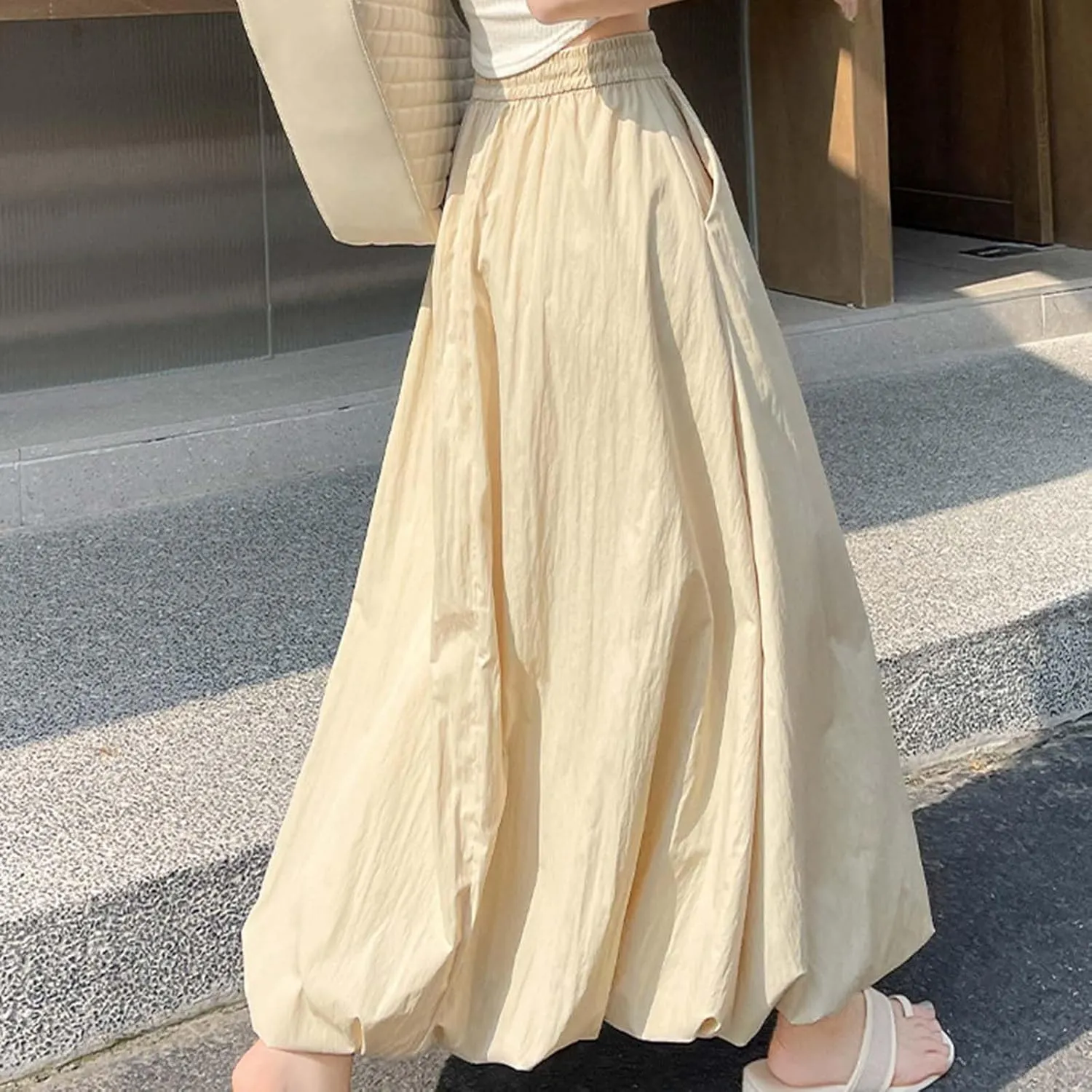 Xiaojmake Women's Casual Boho Maxi Skirt Elastic Waist Pleated A-Line Flowy Long Bubble Skirts Ankle Length Dance Skirt