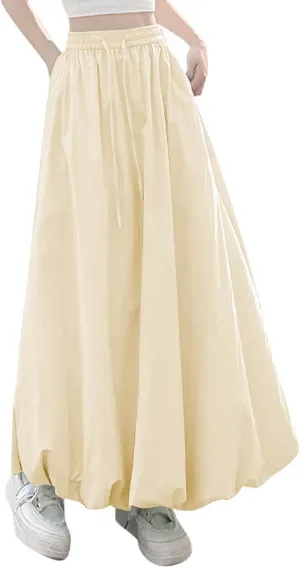 Xiaojmake Women's Casual Boho Maxi Skirt Elastic Waist Pleated A-Line Flowy Long Bubble Skirts Ankle Length Dance Skirt