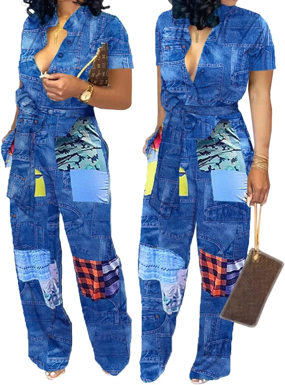 Xinlees Womens Elegant Jumpsuits Casual Short Sleeve Fashion Print Long Pants Rompers Straight Club Outfits