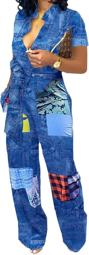 Xinlees Womens Elegant Jumpsuits Casual Short Sleeve Fashion Print Long Pants Rompers Straight Club Outfits