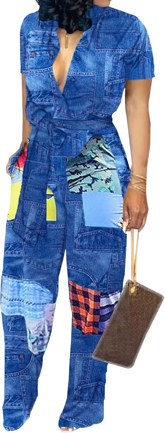 Xinlees Womens Elegant Jumpsuits Casual Short Sleeve Fashion Print Long Pants Rompers Straight Club Outfits