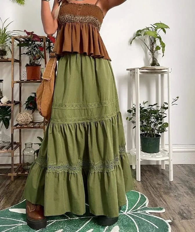 Y2K Fairycore Lace Trim White Long Skirts Ruched Low Rise A Line Maxi Skirts Pleated Boho Midi Skirts Harajuku Outfit
