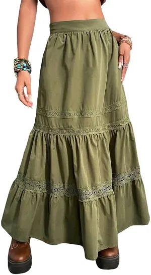 Y2K Fairycore Lace Trim White Long Skirts Ruched Low Rise A Line Maxi Skirts Pleated Boho Midi Skirts Harajuku Outfit
