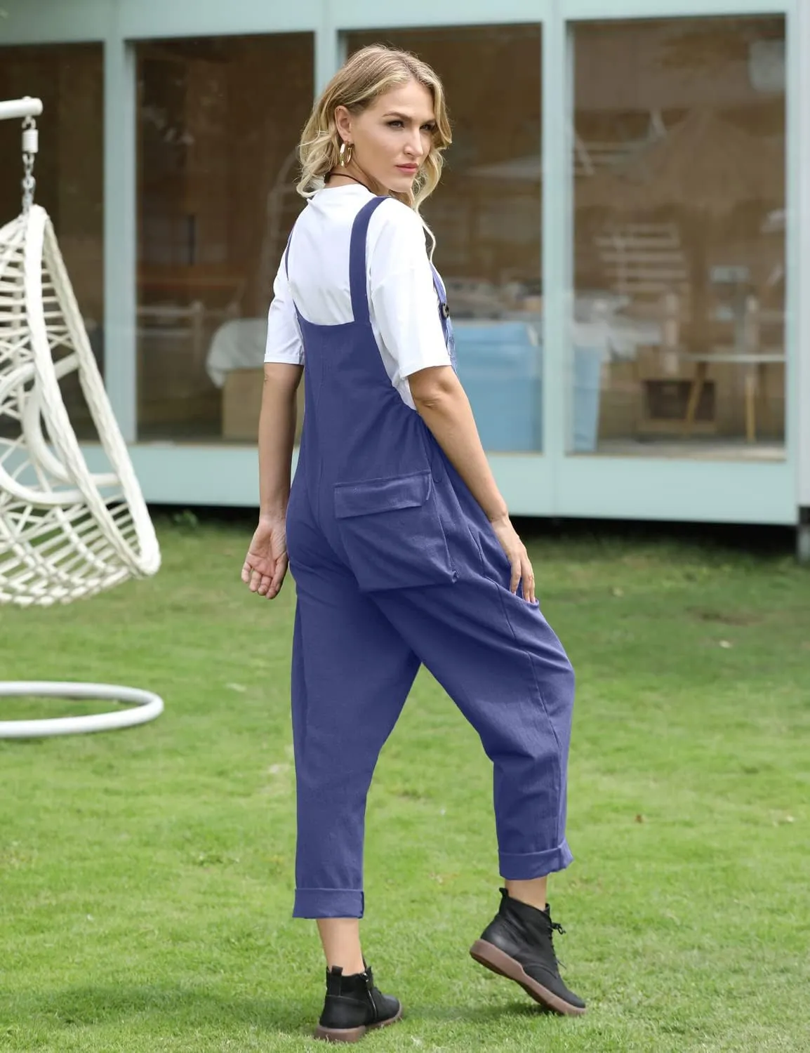 YESNO Women Casual Loose Bib Pants Overalls Baggy Cotton Harem Jumpsuits Rompers with Pockets PV2
