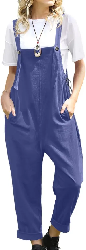 YESNO Women Casual Loose Bib Pants Overalls Baggy Cotton Harem Jumpsuits Rompers with Pockets PV2