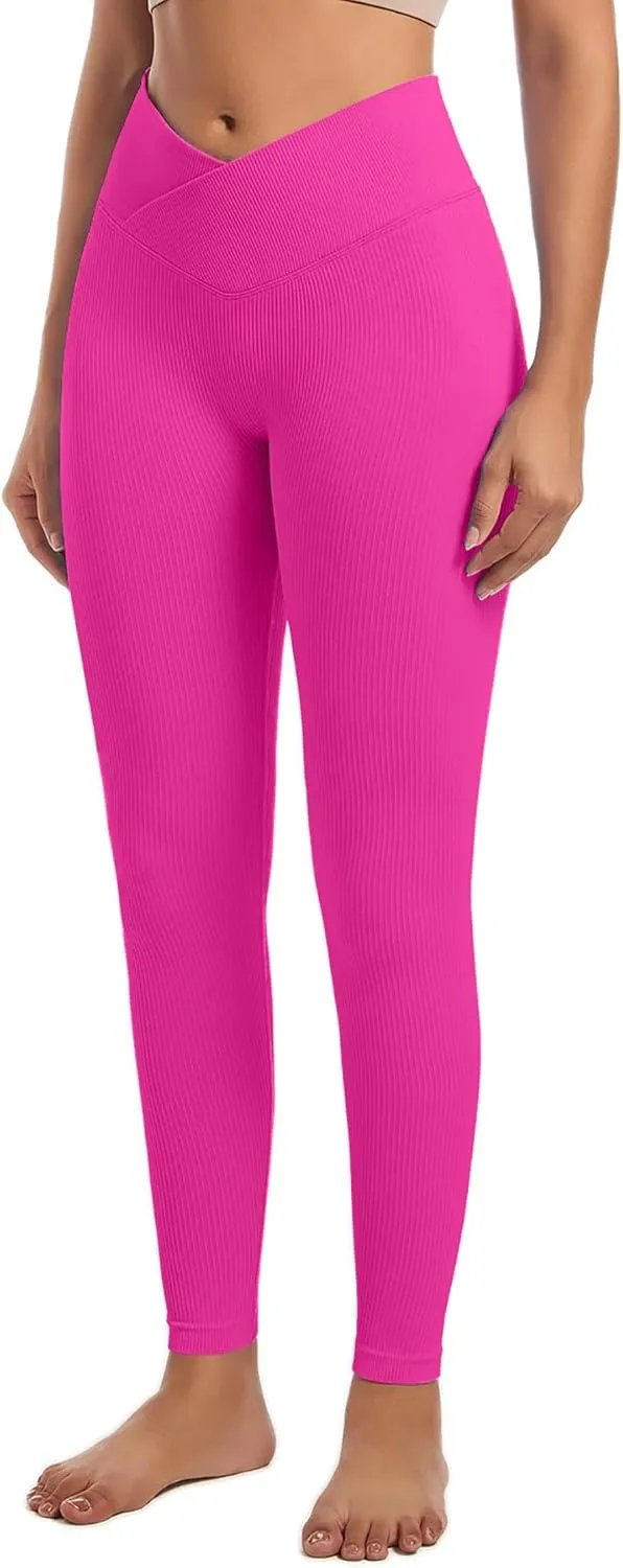 YOAKUKA 3 Piece Yoga Leggings Women's Ribbed Seamless High Waist Cross Over Workout Leggings Gym Athletic Pants