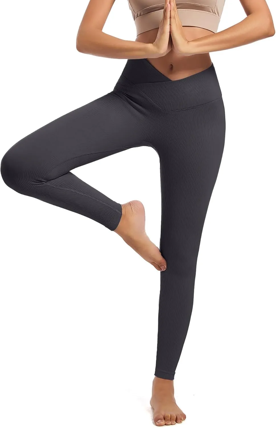 YOAKUKA 3 Piece Yoga Leggings Women's Ribbed Seamless High Waist Cross Over Workout Leggings Gym Athletic Pants