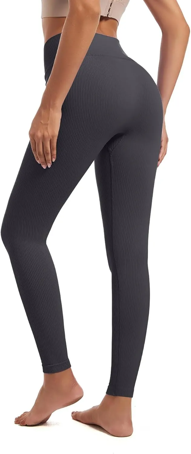 YOAKUKA 3 Piece Yoga Leggings Women's Ribbed Seamless High Waist Cross Over Workout Leggings Gym Athletic Pants