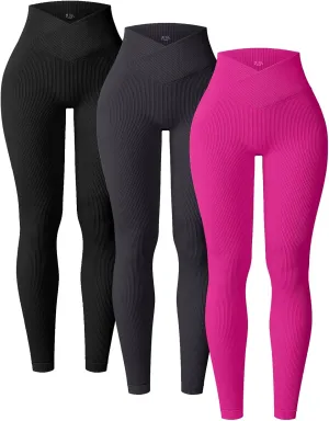 YOAKUKA 3 Piece Yoga Leggings Women's Ribbed Seamless High Waist Cross Over Workout Leggings Gym Athletic Pants