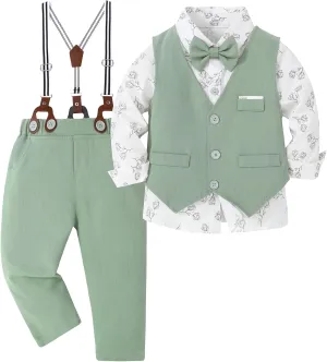ZOEREA Toddler Boy Suit Formal Wedding Outfits Gentleman Clothes Long Sleeve Shirt   Suspender Pants   Bowtie