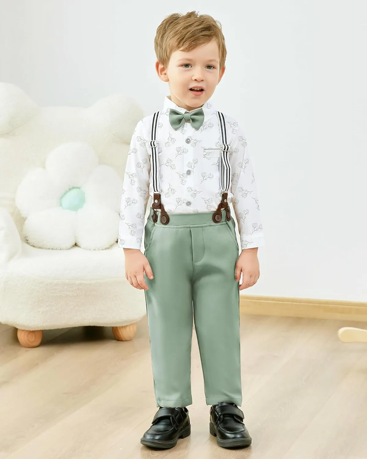 ZOEREA Toddler Boy Suit Formal Wedding Outfits Gentleman Clothes Long Sleeve Shirt   Suspender Pants   Bowtie