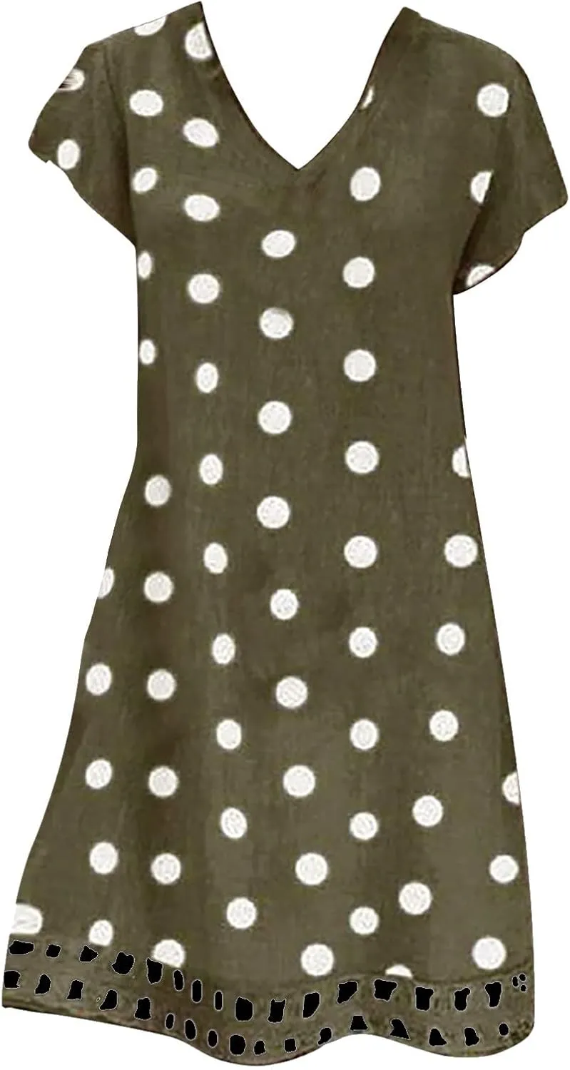 ZYXTIM Summer Beach Dress for Women V Neck Short Sleeve Polka Dot Loose Cute Print Boho Vacation Sundress