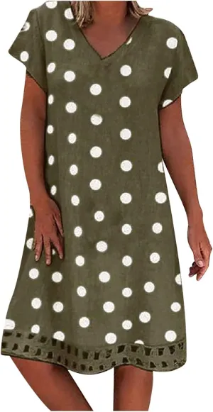 ZYXTIM Summer Beach Dress for Women V Neck Short Sleeve Polka Dot Loose Cute Print Boho Vacation Sundress