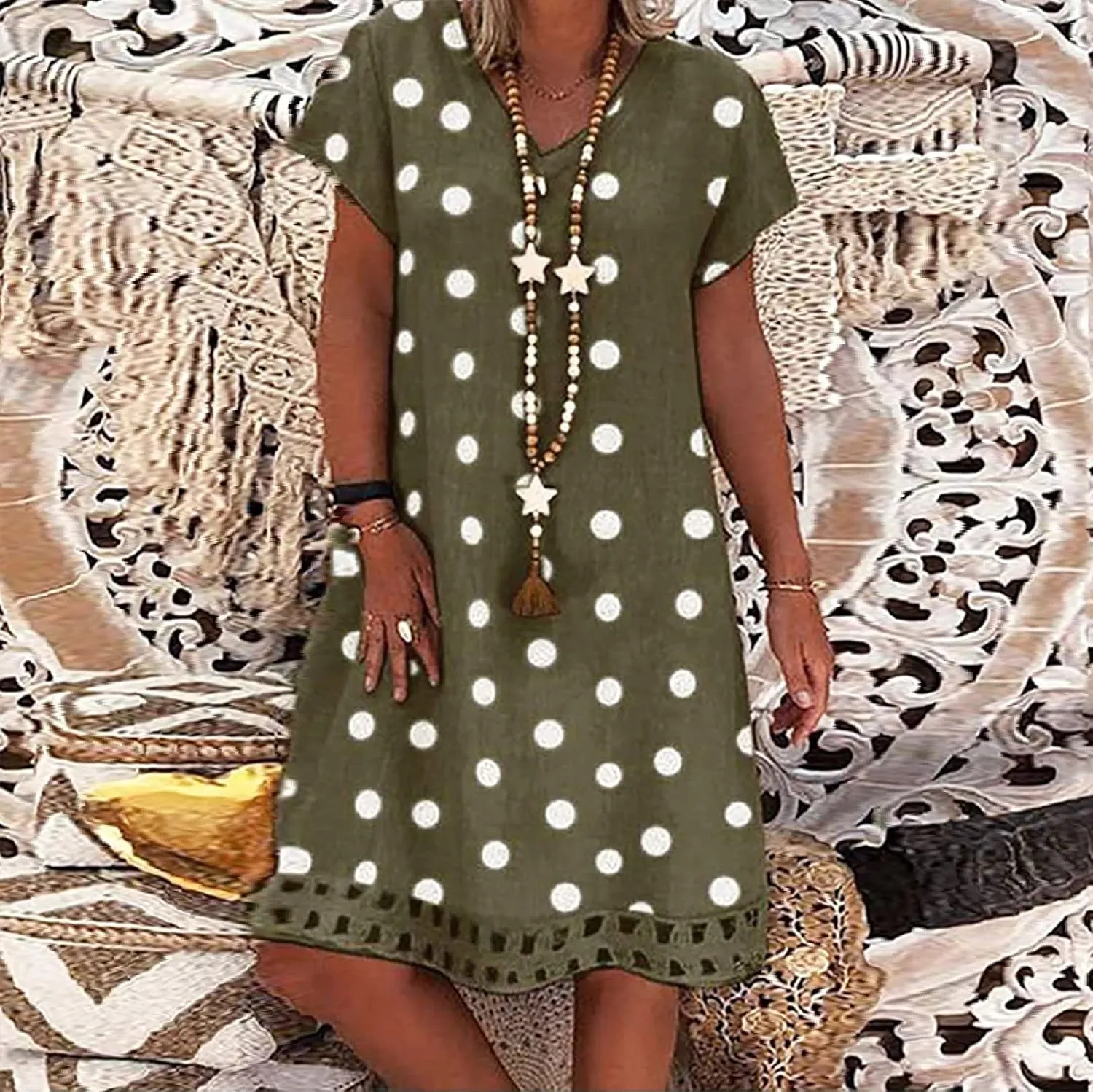 ZYXTIM Summer Beach Dress for Women V Neck Short Sleeve Polka Dot Loose Cute Print Boho Vacation Sundress